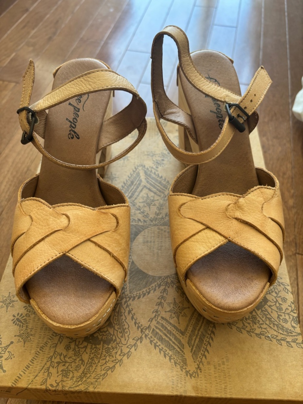 Free People Orion PlatformTan Leather Cross-Strap Wedge Sandals